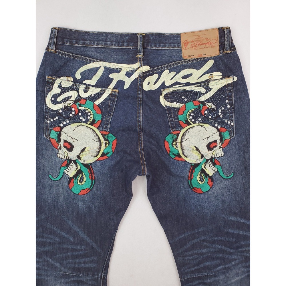 Ed Hardy Jeans Mens 36x32 Lot 2009 Skull Snake Rhinestone Distressed Y2K